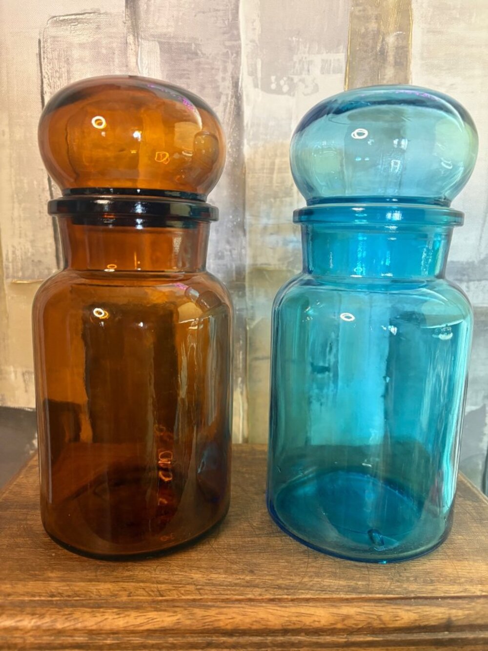 Vintage Mid-Century Glass Apothecary Style Jars Set of Two Amber Blue